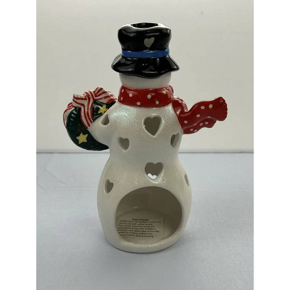 Ceramic Snowman Tealight Candle Holder Christmas Wreath Glitter Luminary 7